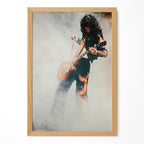 Jimmy Page colorized portrait in a natural oak poster frame