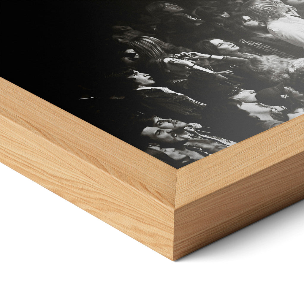 Close-up of the natural oak frame on the Jimmy Page black and white poster