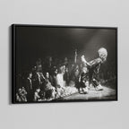 Angled view of the Jimmy Page black and white canvas in a black floating frame