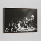 Angled view of the Jimmy Page black and white canvas in a dark walnut floating frame