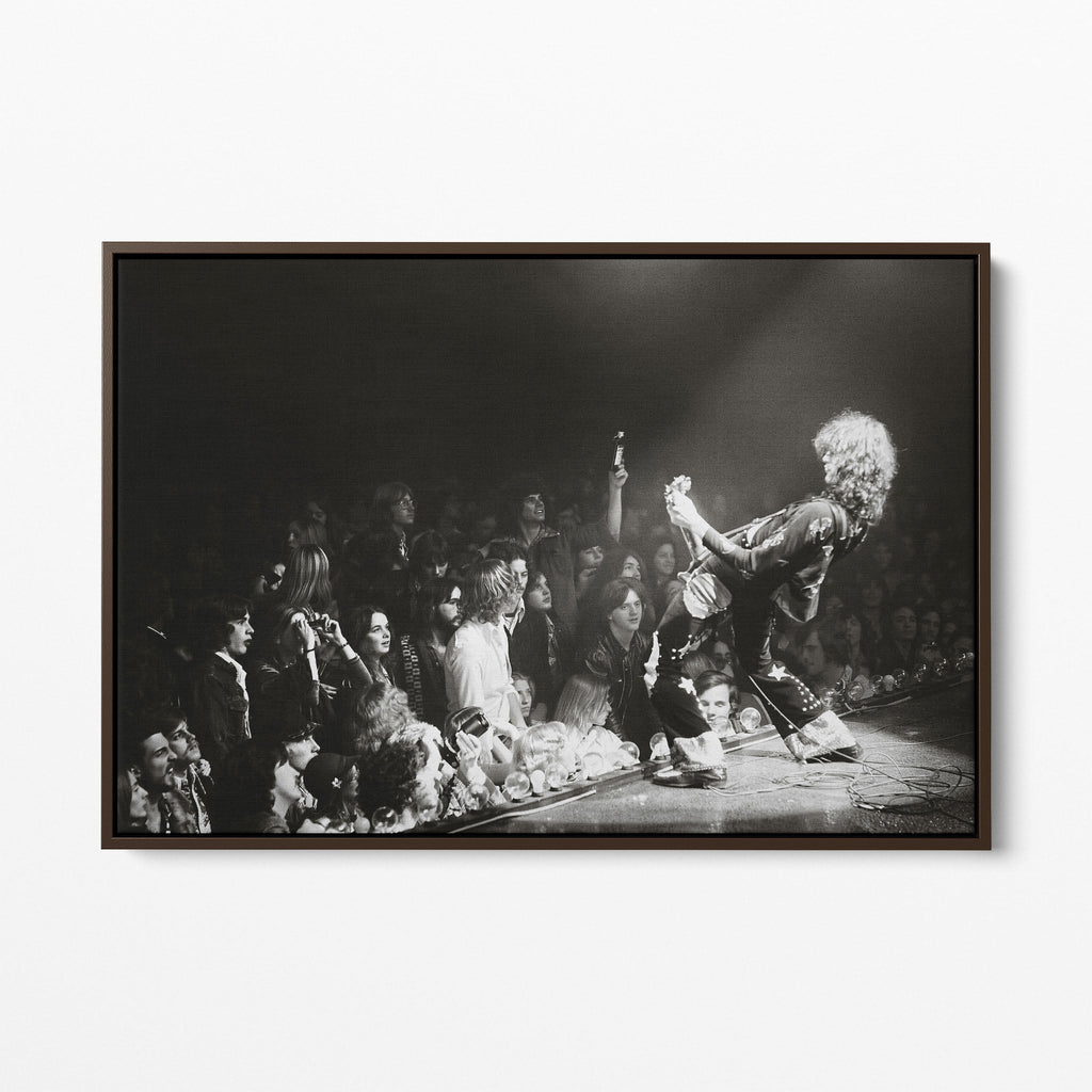 Front display of the Jimmy Page black and white canvas in a dark walnut floating frame