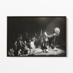 Front display of the Jimmy Page black and white canvas in a dark walnut floating frame