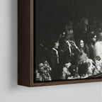 Close-up of the dark walnut floating frame on the Jimmy Page black and white canvas
