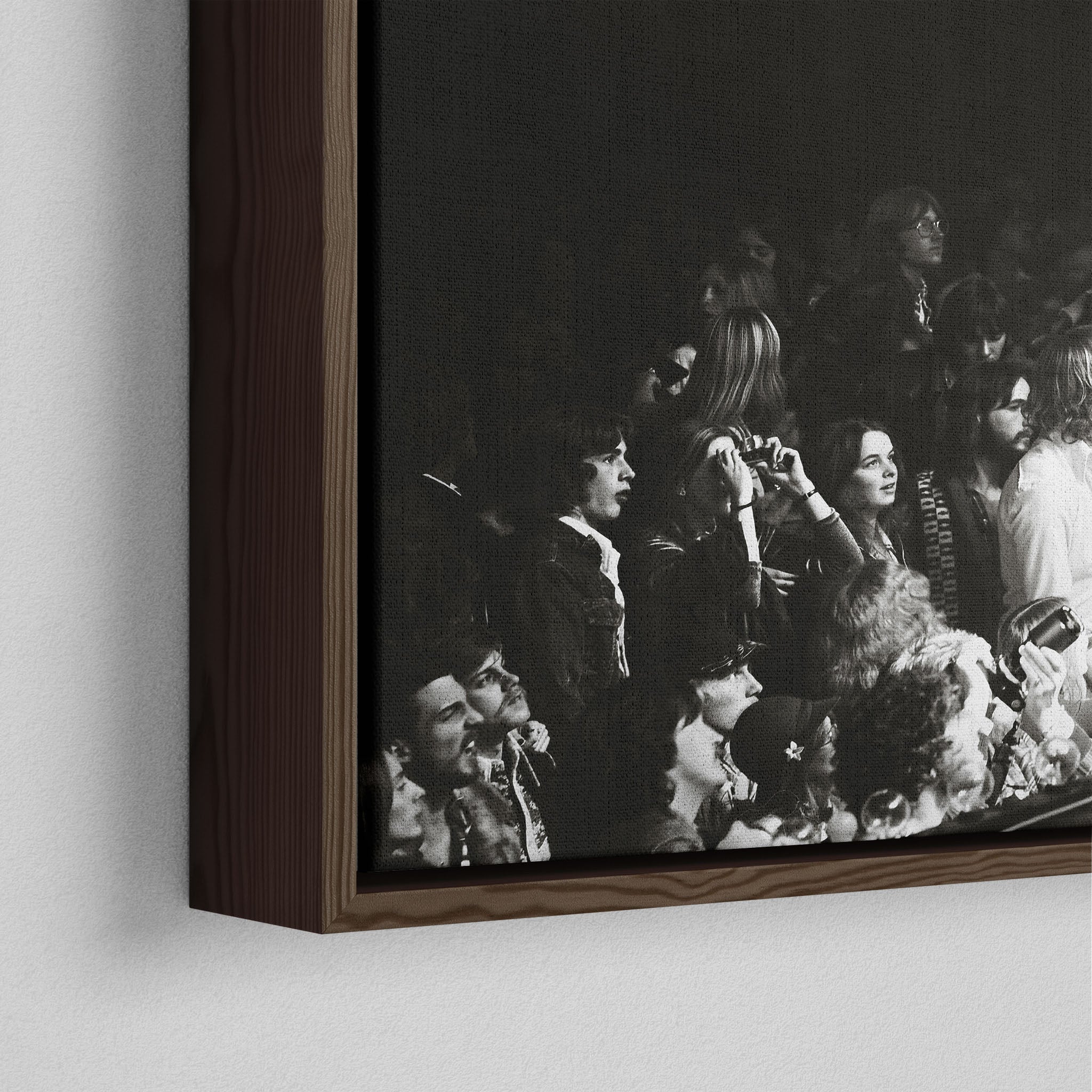 Close-up of the dark walnut floating frame on the Jimmy Page black and white canvas