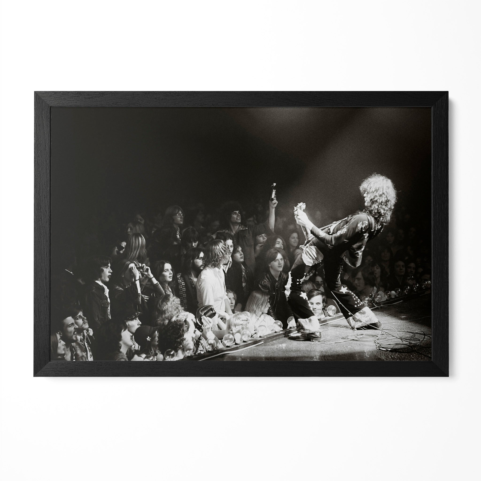 Jimmy Page 1975 Detroit Olympia Stadium black and white portrait in a classic black poster frame