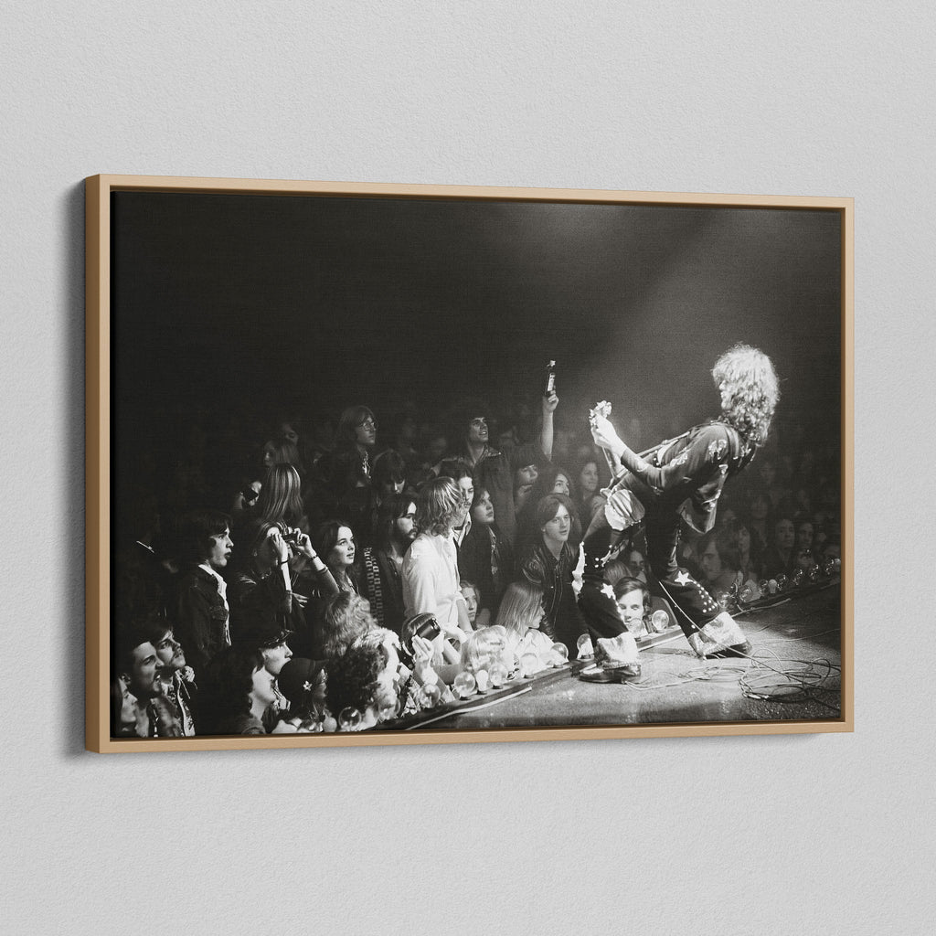 Angled view of the Jimmy Page black and white canvas in a natural oak floating frame