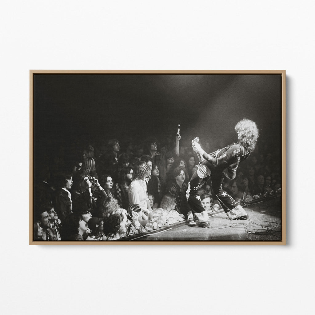 Front display of the Jimmy Page black and white canvas in a natural oak floating frame