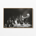 Front display of the Jimmy Page black and white canvas in a natural oak floating frame