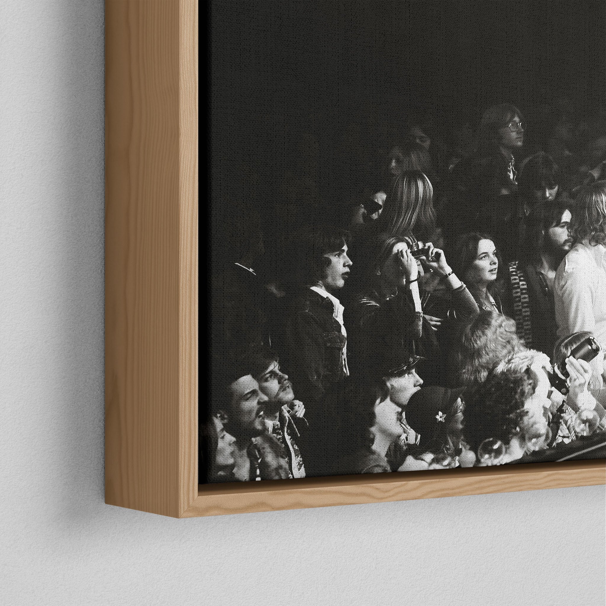 Corner close-up of the natural oak floating frame on the Jimmy Page black and white canvas