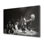 Jimmy Page 1975 Detroit black and white metal print displayed on a wall