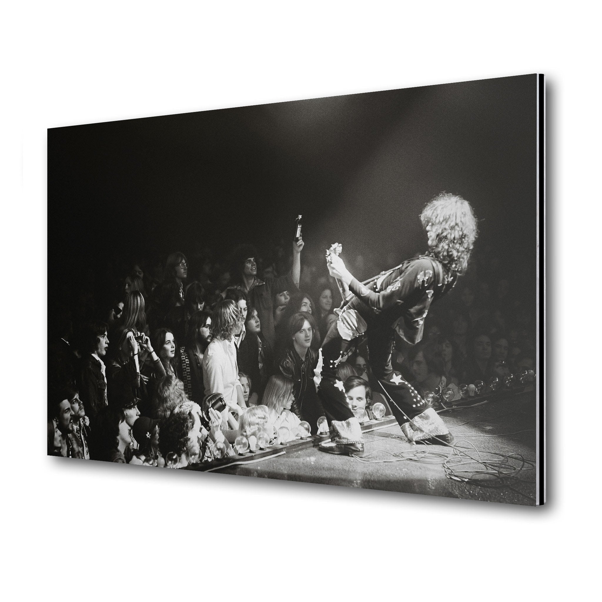 Jimmy Page 1975 Detroit black and white metal print displayed on a wall