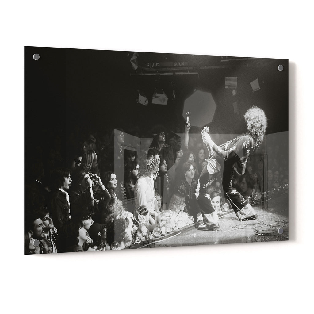 Jimmy Page 1975 Detroit black and white acrylic glass print with a glossy finish