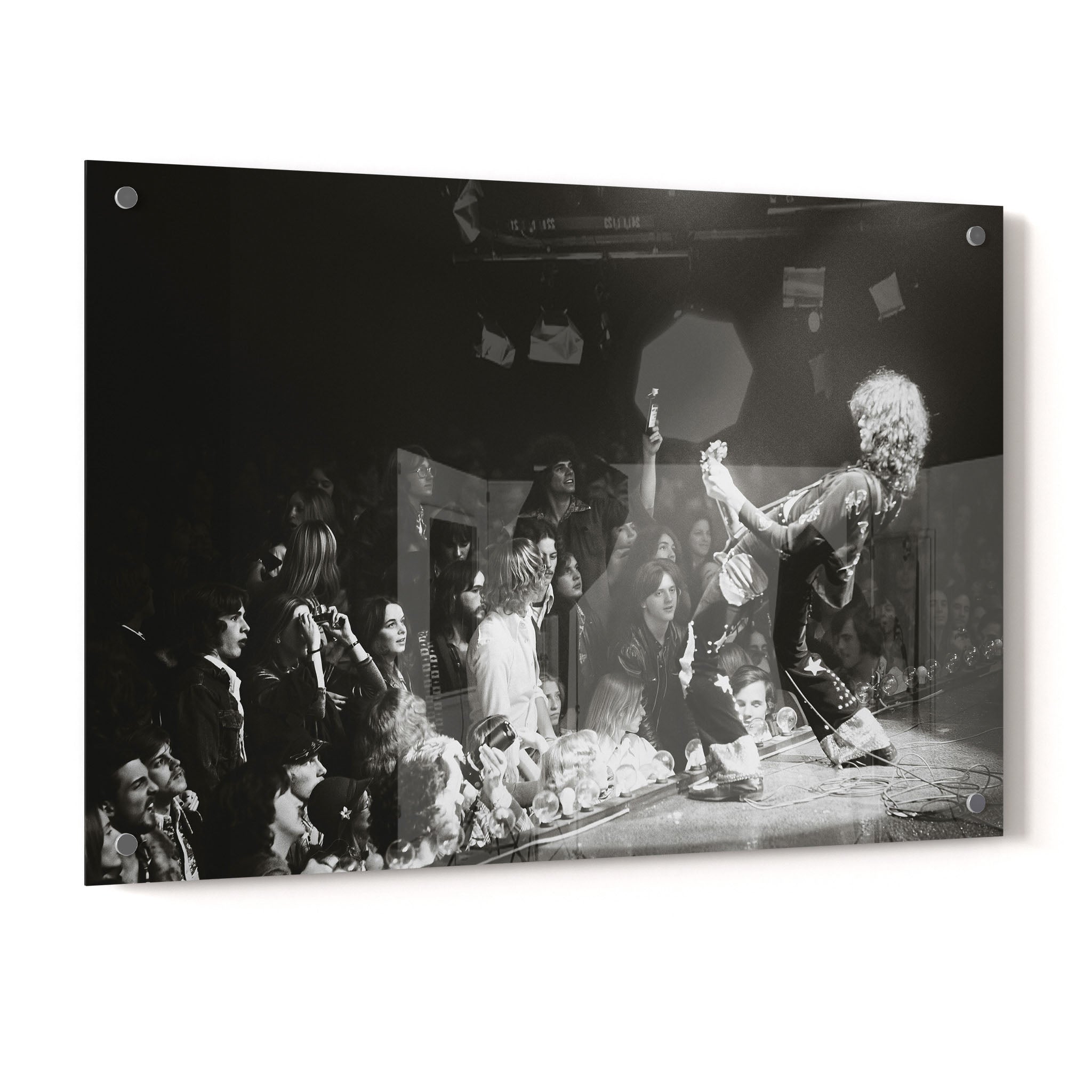 Jimmy Page 1975 Detroit black and white acrylic glass print with a glossy finish