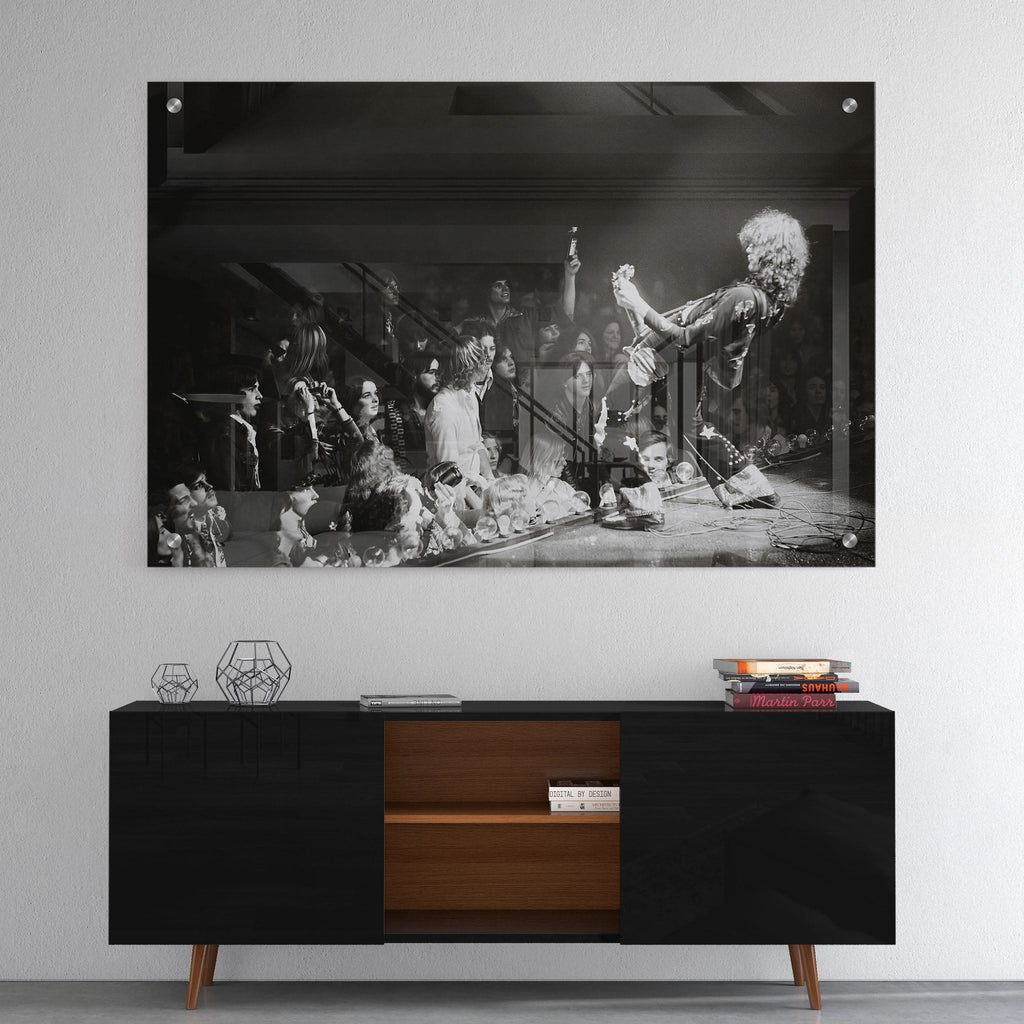 High-gloss acrylic black and white print of Jimmy Page displayed on a wall