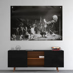 High-gloss acrylic black and white print of Jimmy Page displayed on a wall