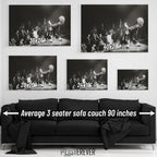 Jimmy Page wall art size comparison chart shown above a sofa