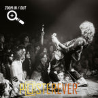 Zoomed detail of Jimmy Page's Black Dragon suit and the front-row crowd in black and white