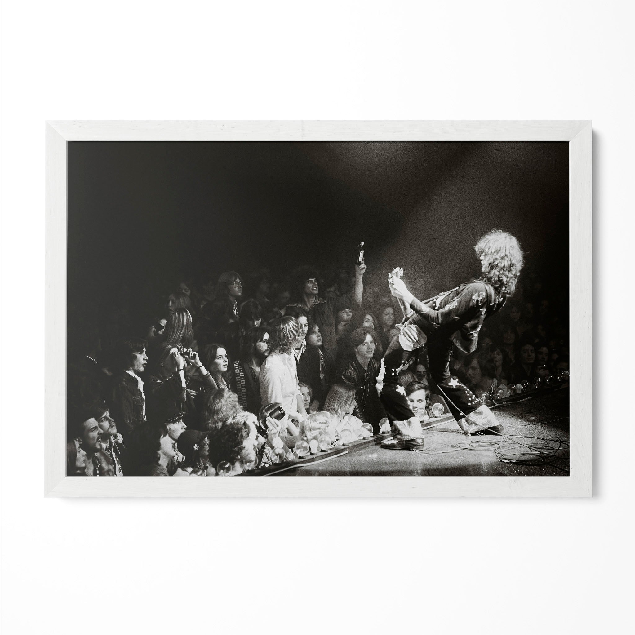 Jimmy Page 1975 Detroit black and white portrait in a classic white poster frame