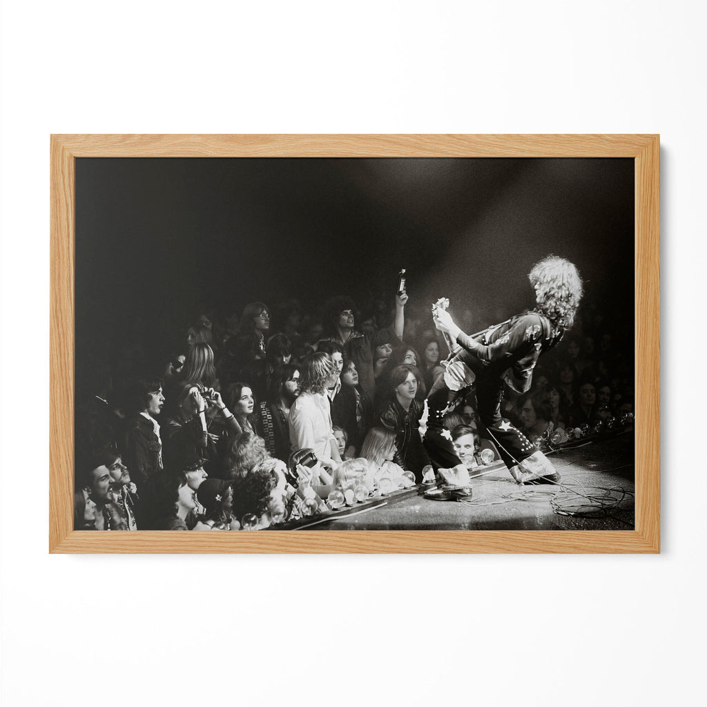 Jimmy Page black and white portrait in a natural oak poster frame
