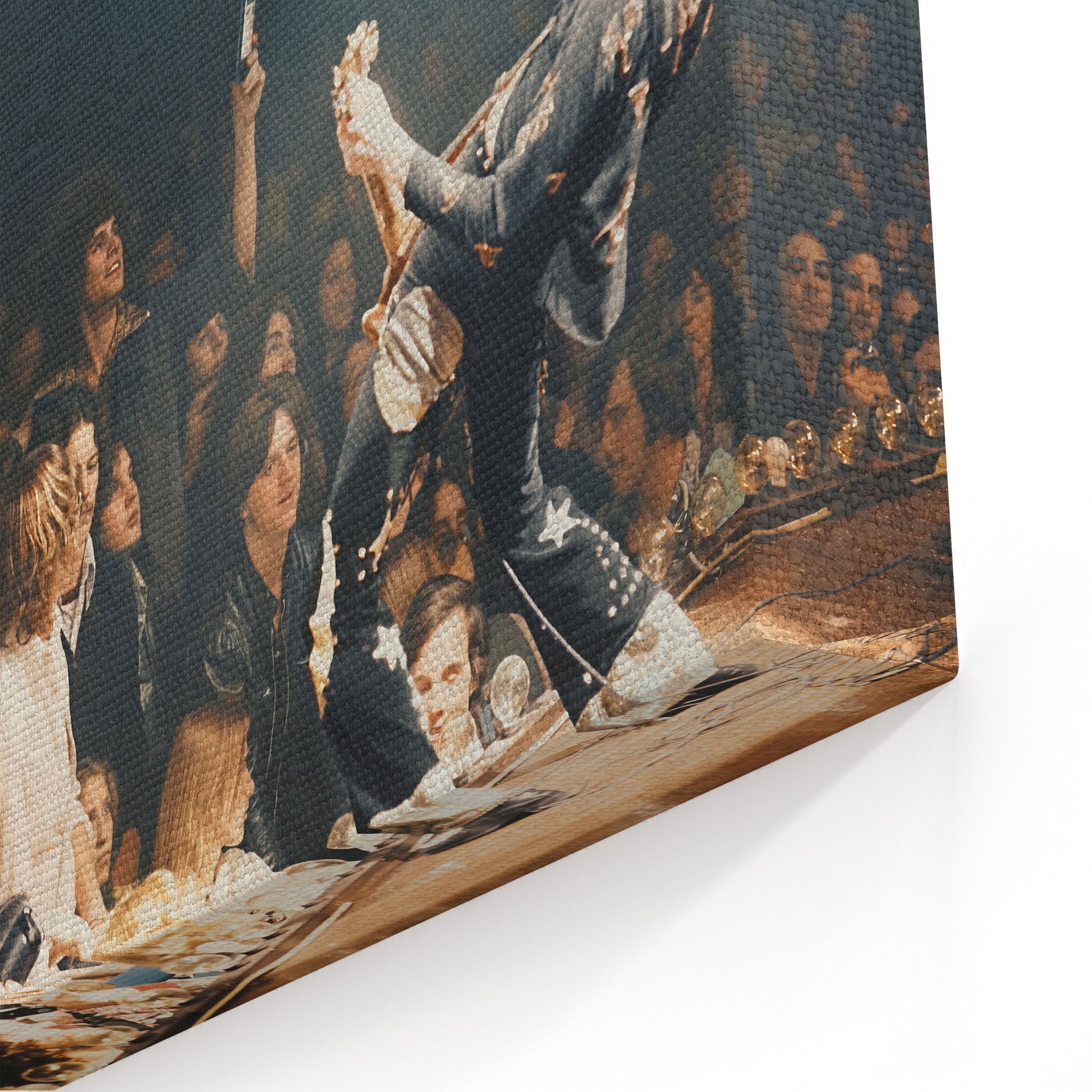 Close-up of the gallery-wrapped canvas edge on the Jimmy Page colorized print