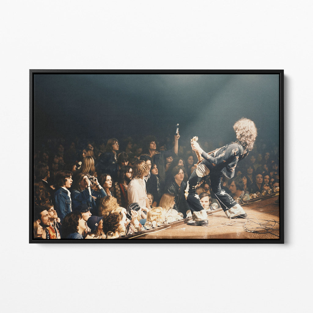 Front display of the Jimmy Page colorized canvas in a black floating frame