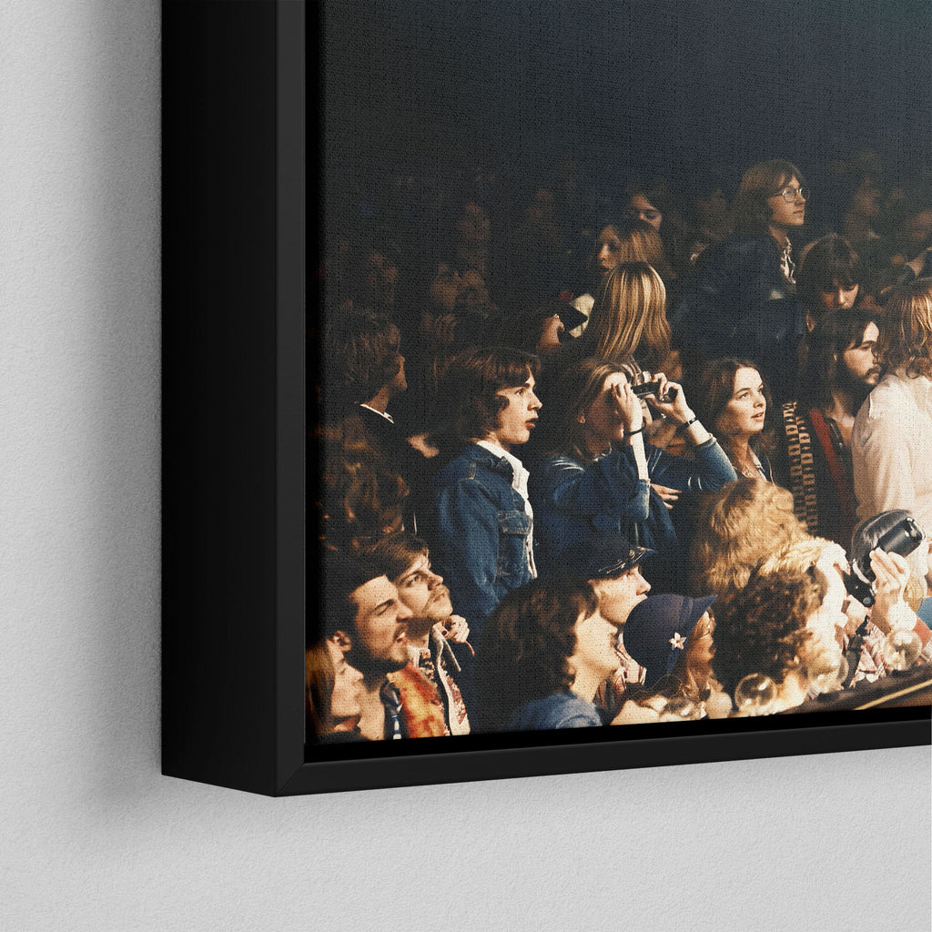Corner close-up of the black floating frame on the Jimmy Page colorized canvas