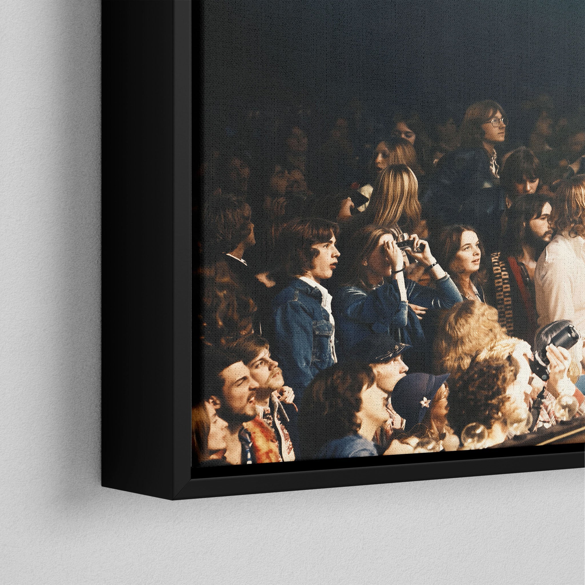 Corner close-up of the black floating frame on the Jimmy Page colorized canvas