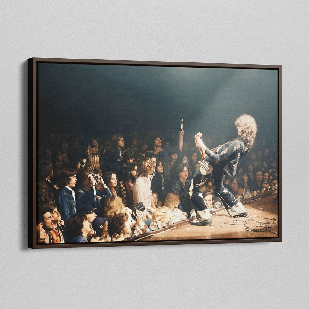 Angled view of the Jimmy Page colorized canvas in a dark walnut floating frame