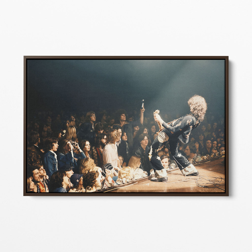 Front display of the Jimmy Page colorized canvas in a dark walnut floating frame