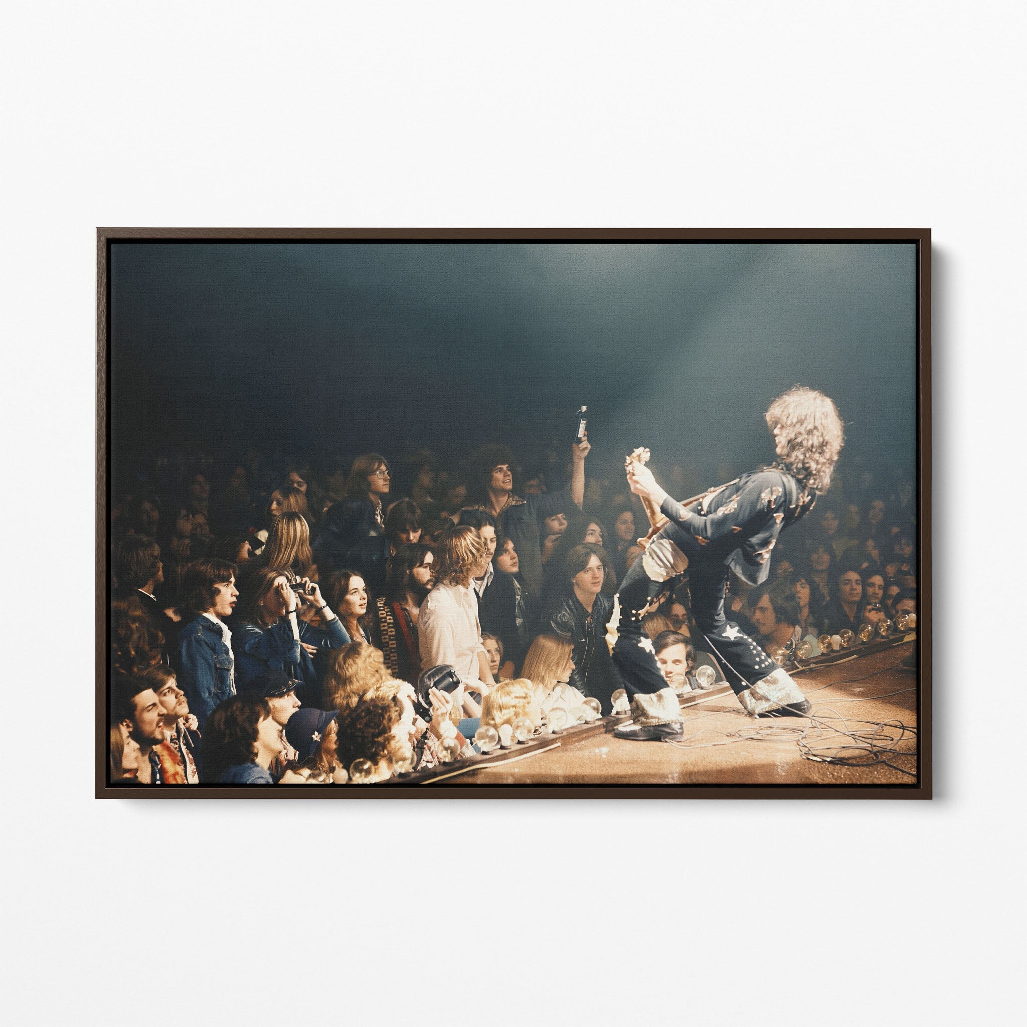Front display of the Jimmy Page colorized canvas in a dark walnut floating frame