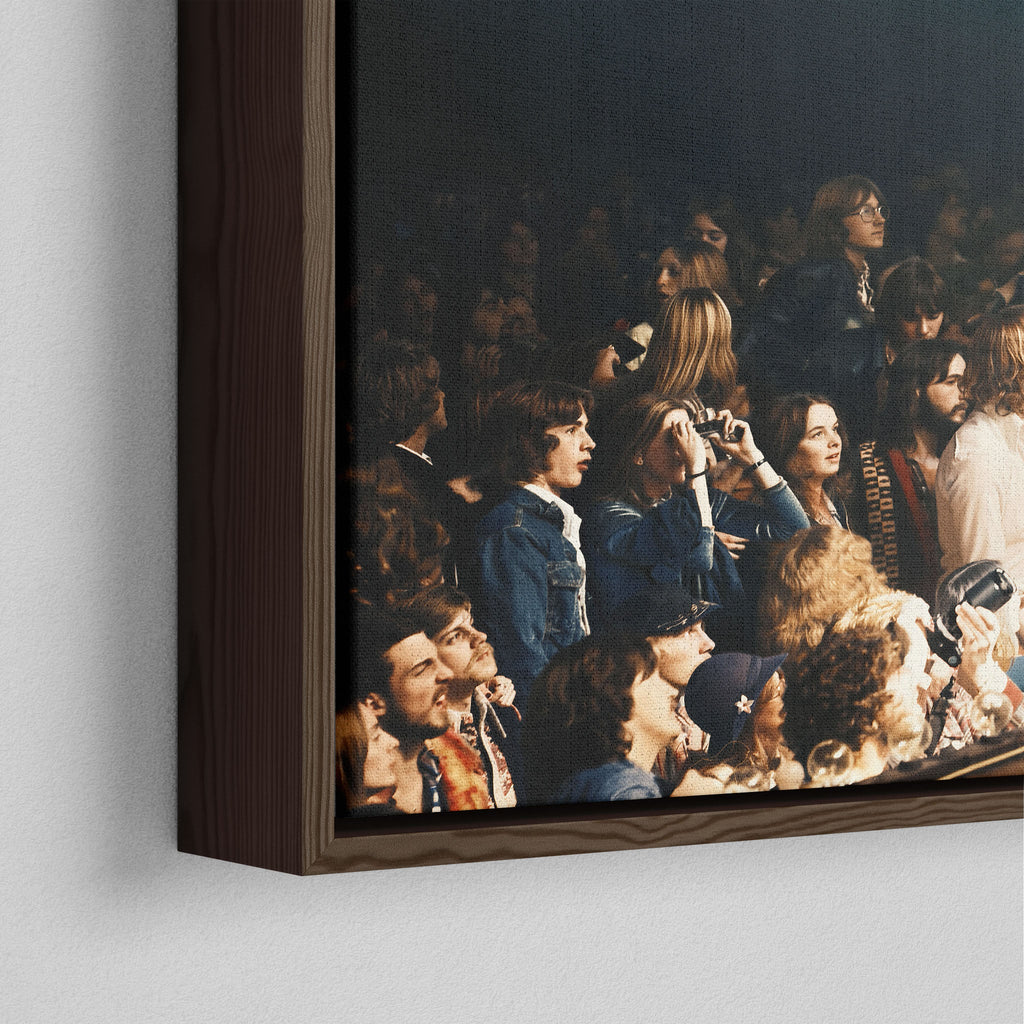 Close-up of the dark walnut floating frame on the Jimmy Page colorized canvas