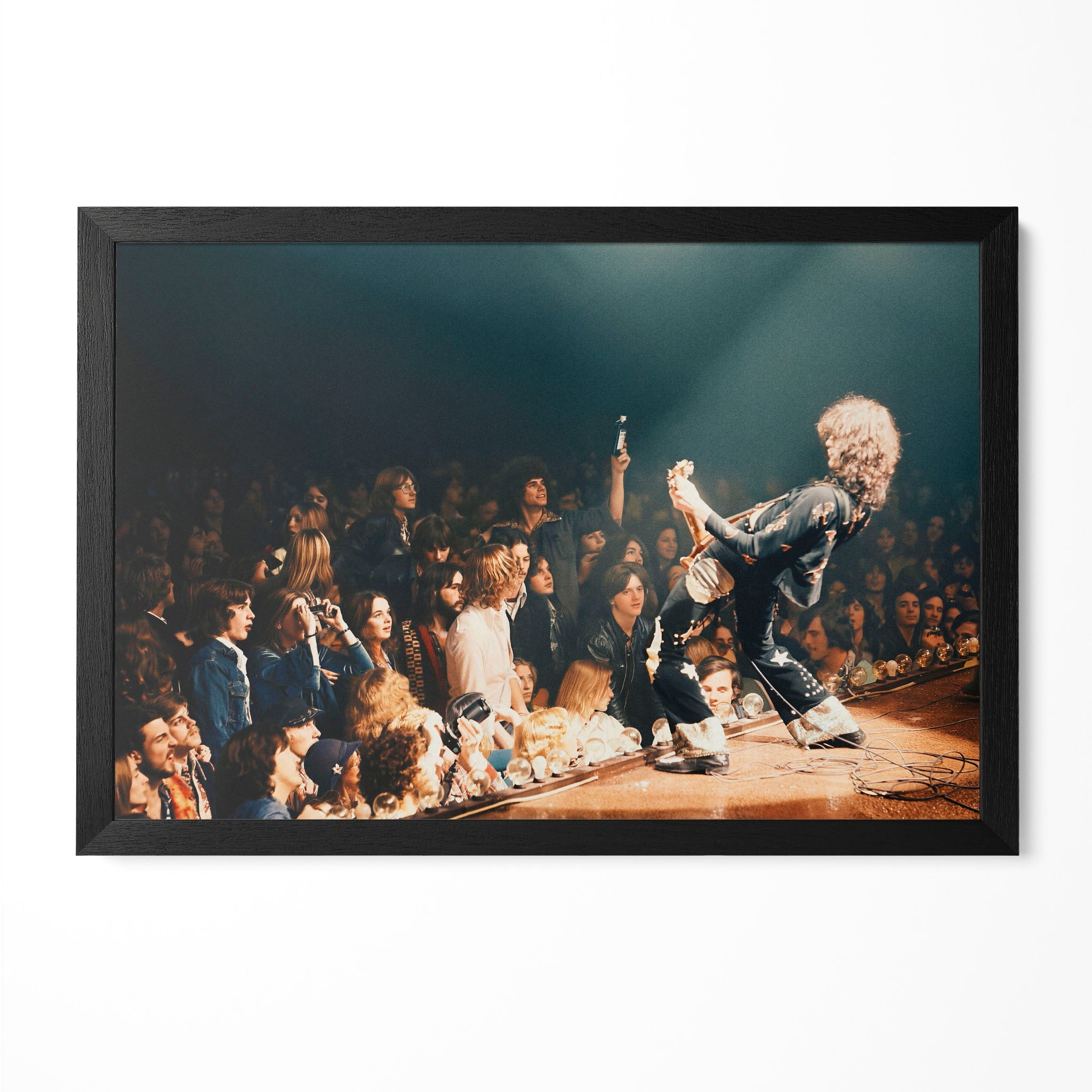Jimmy Page 1975 Detroit Olympia Stadium colorized portrait in a classic black poster frame