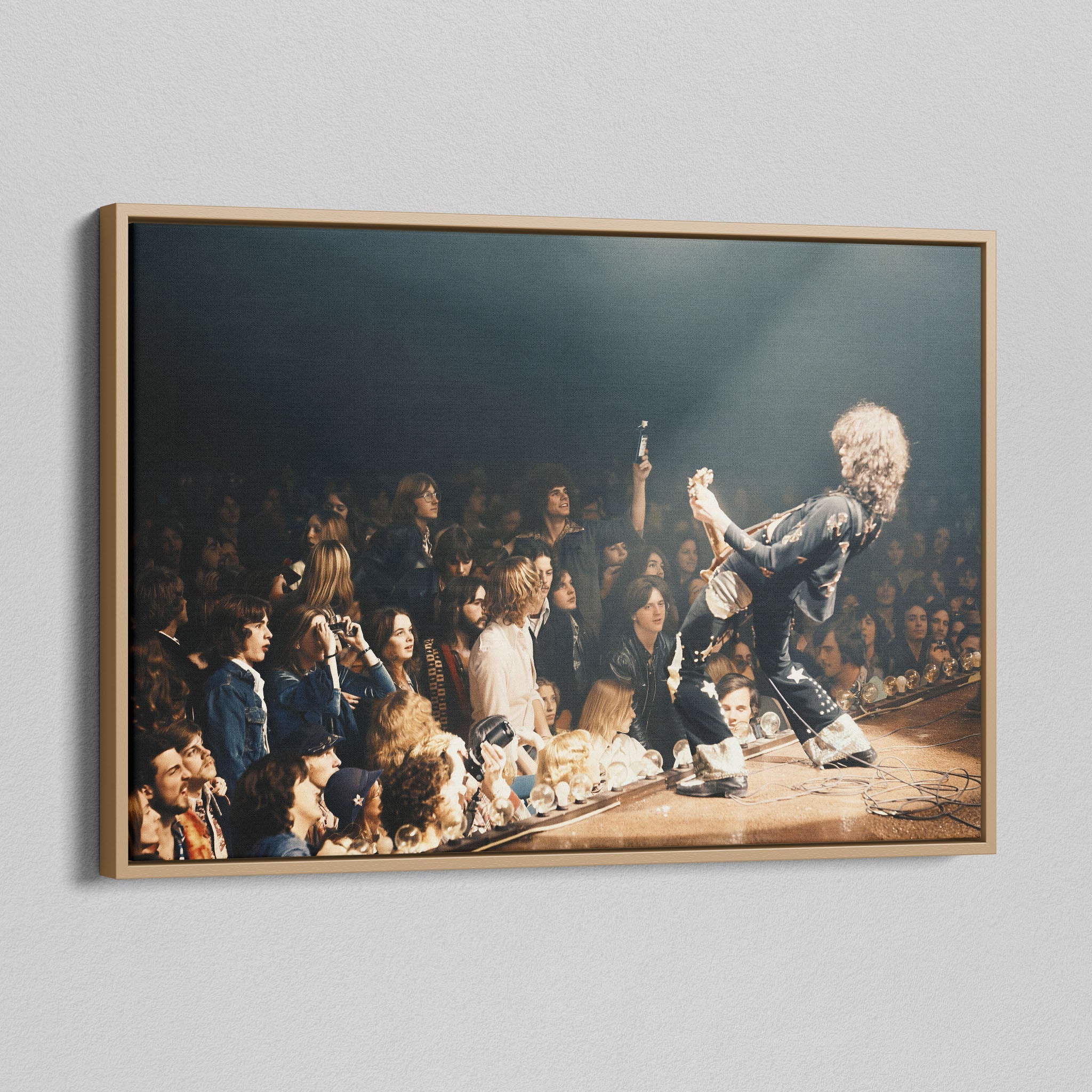 Angled view of the Jimmy Page colorized canvas in a natural oak floating frame