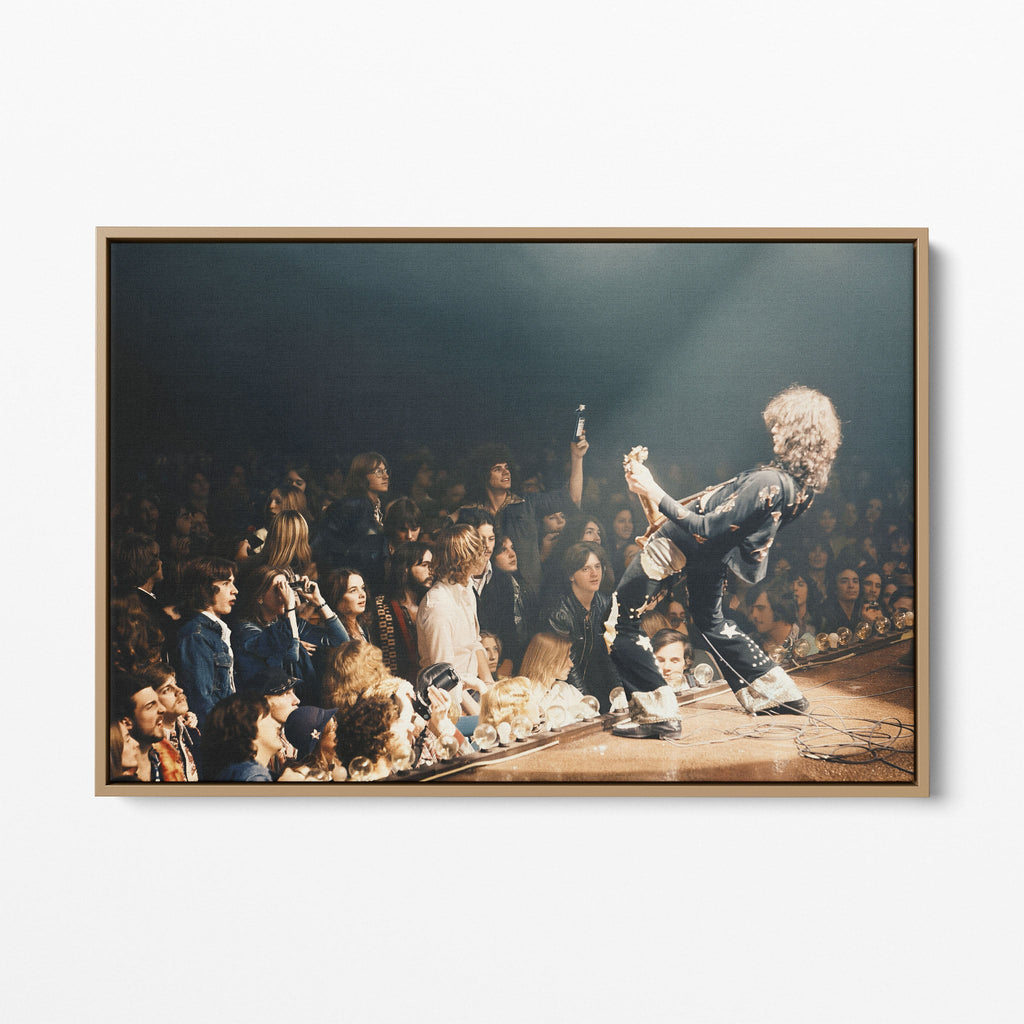 Front display of the Jimmy Page colorized canvas in a natural oak floating frame