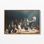 Front display of the Jimmy Page colorized canvas in a natural oak floating frame