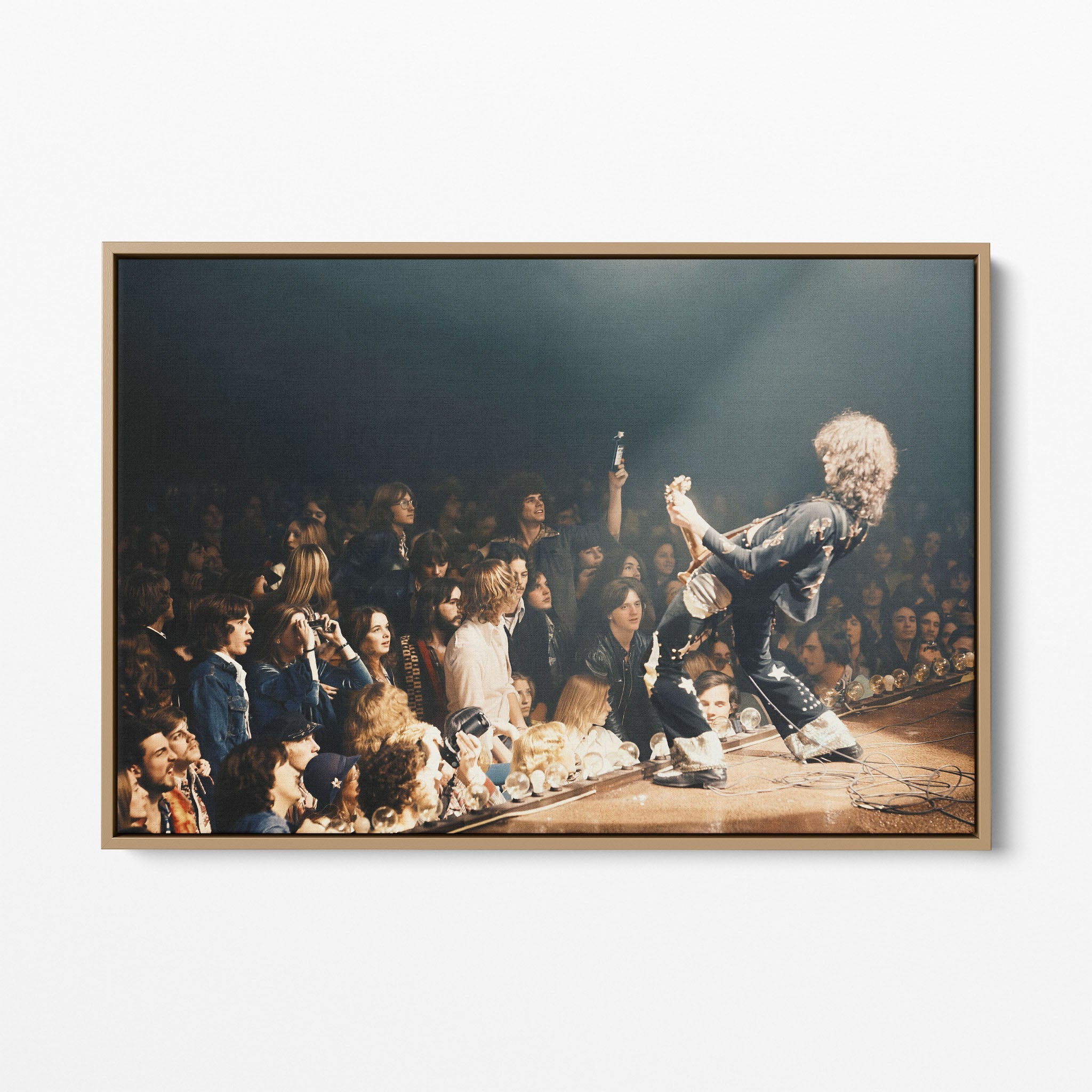 Front display of the Jimmy Page colorized canvas in a natural oak floating frame