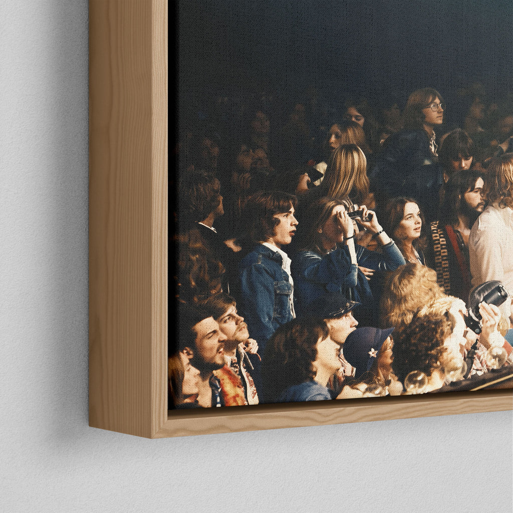 Corner close-up of the natural oak floating frame on the Jimmy Page colorized canvas