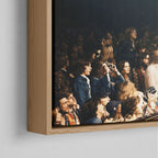 Corner close-up of the natural oak floating frame on the Jimmy Page colorized canvas