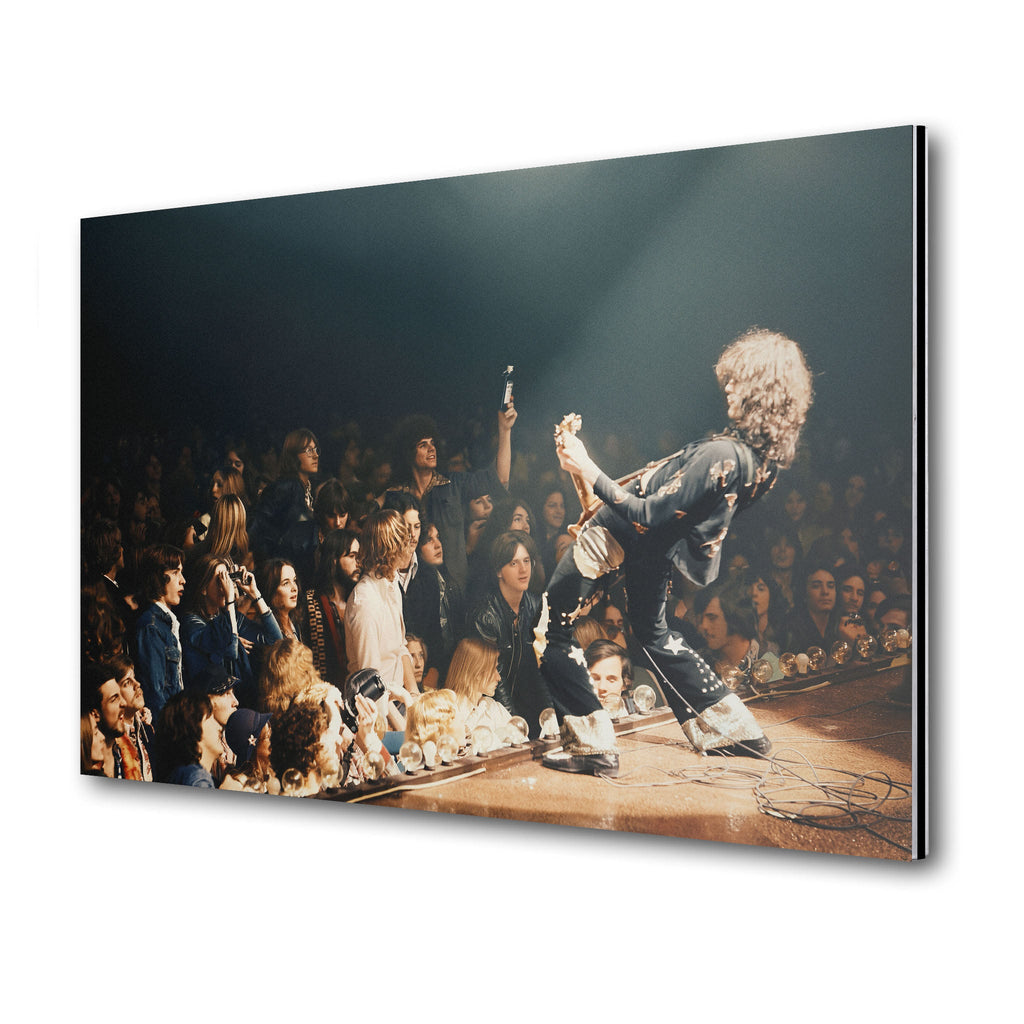 Jimmy Page 1975 Detroit colorized metal print displayed on a wall