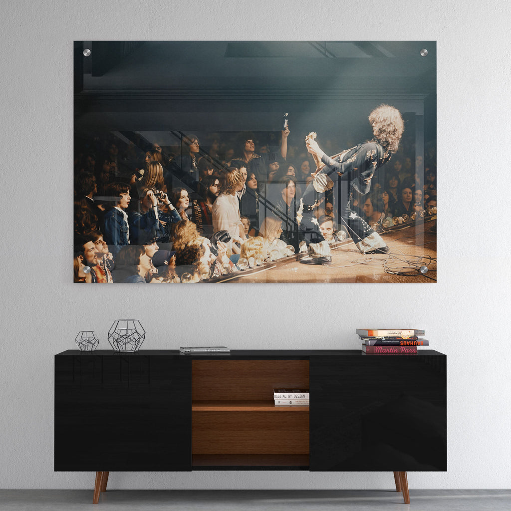 High-gloss acrylic colorized print of Jimmy Page displayed on a wall