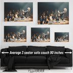 Jimmy Page wall art size comparison chart shown above a sofa
