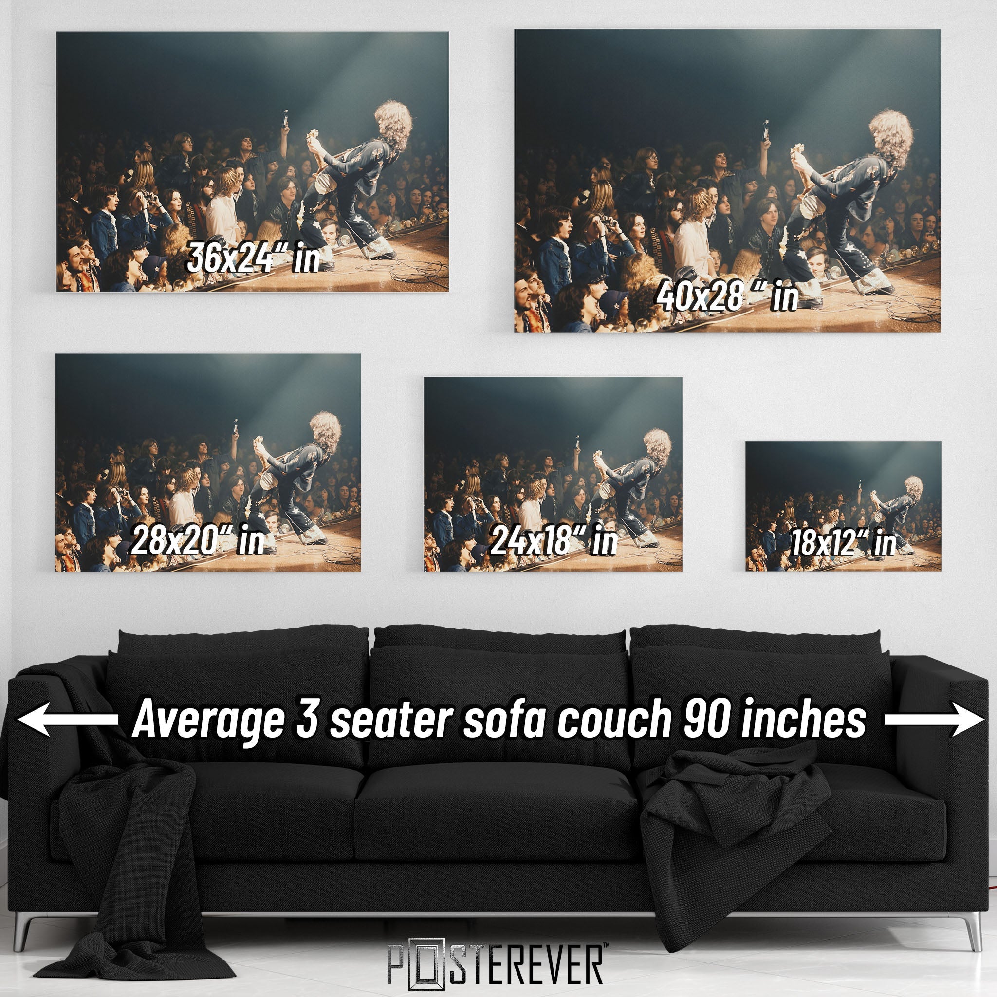 Jimmy Page wall art size comparison chart shown above a sofa