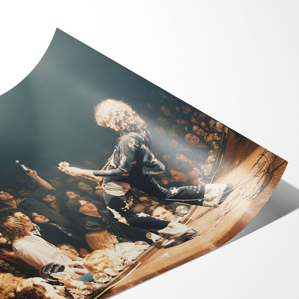 Angled close-up of the unframed Jimmy Page colorized poster showing fine paper detail