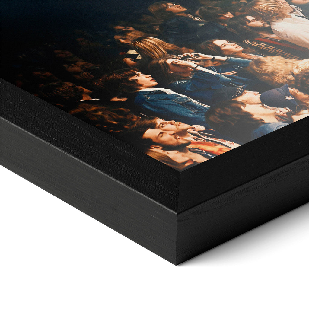 Close-up of the Jimmy Page colorized poster in a classic black wood frame