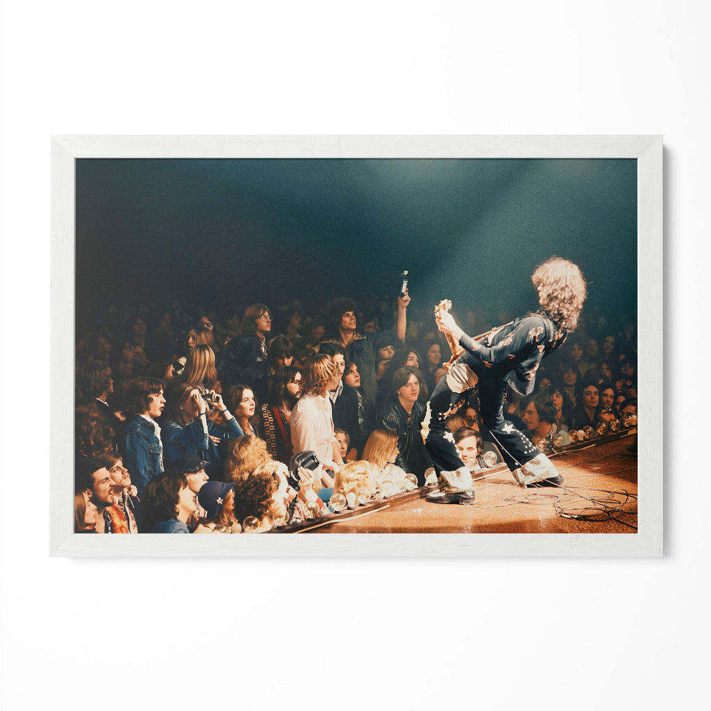 Jimmy Page 1975 Detroit colorized portrait in a classic white poster frame