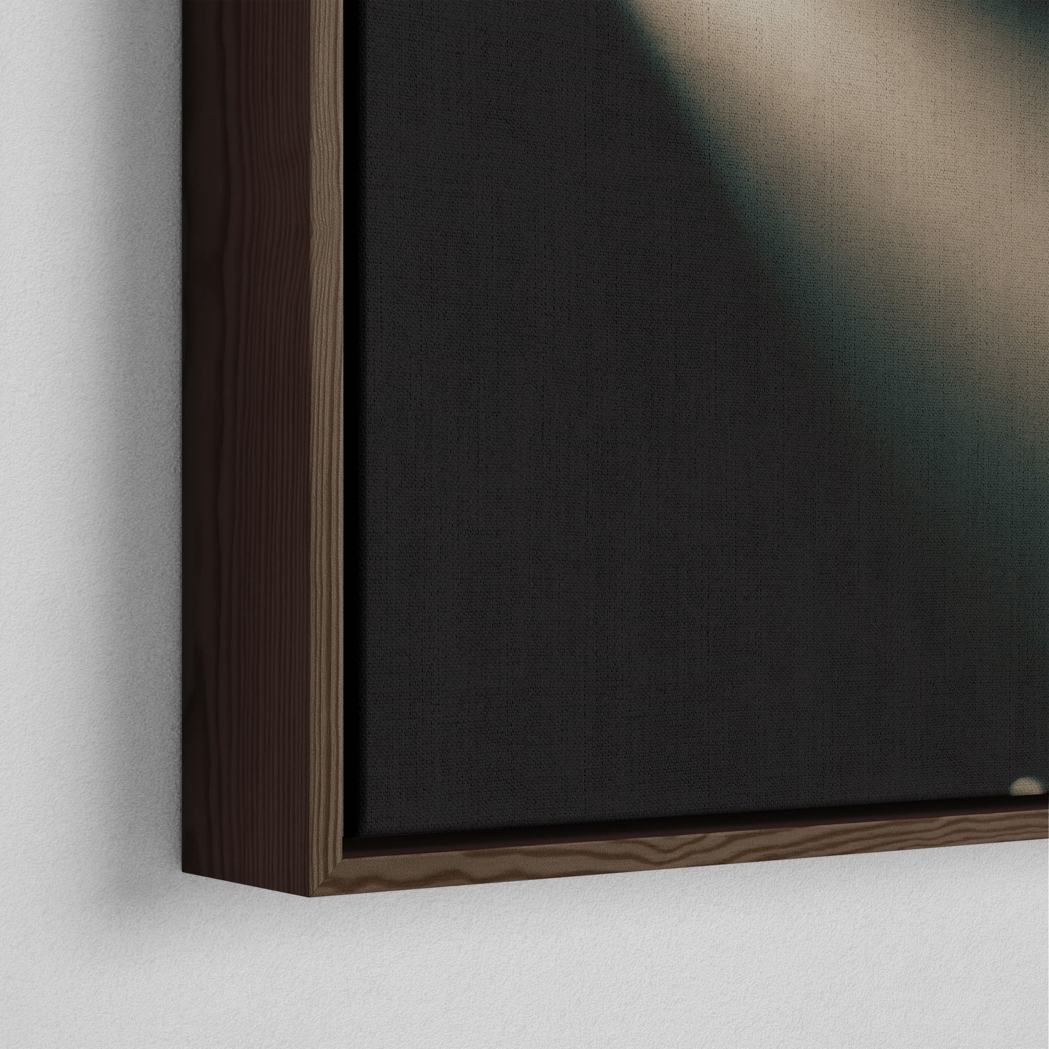 Close-up of the dark walnut floating frame on the Jimmy Page canvas