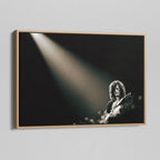 Angled view of the Jimmy Page canvas in a natural oak floating frame