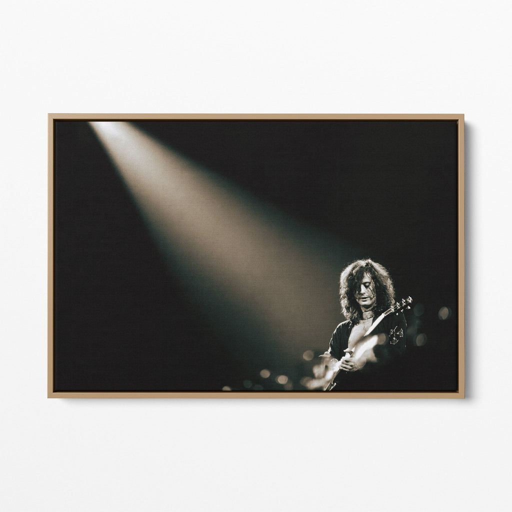 Front display of the Jimmy Page canvas in a natural oak floating frame