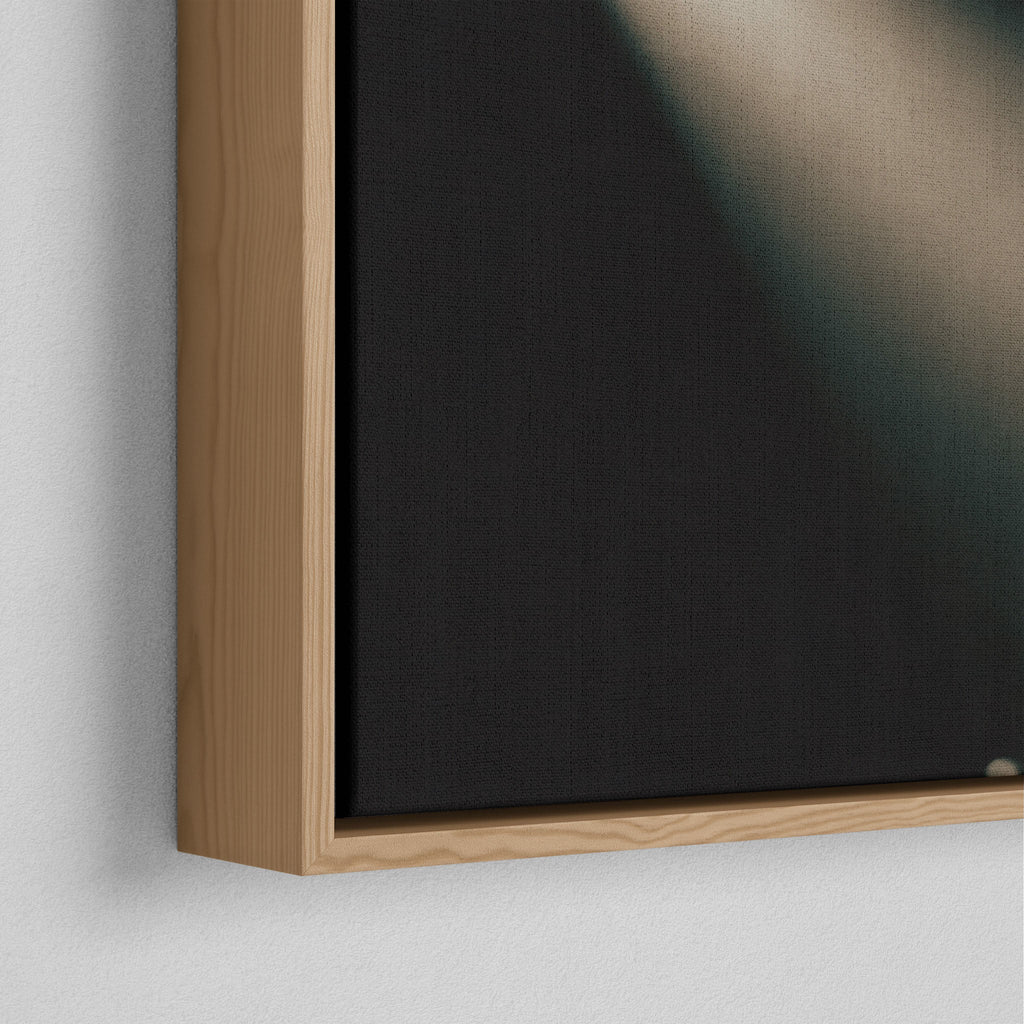 Corner close-up of the natural oak floating frame on the Jimmy Page canvas
