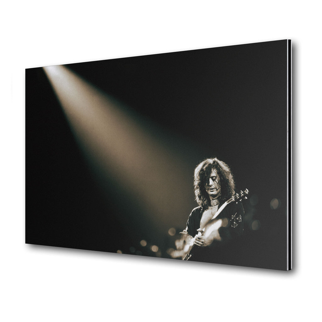 Jimmy Page 1975 MSG metal print displayed on a wall